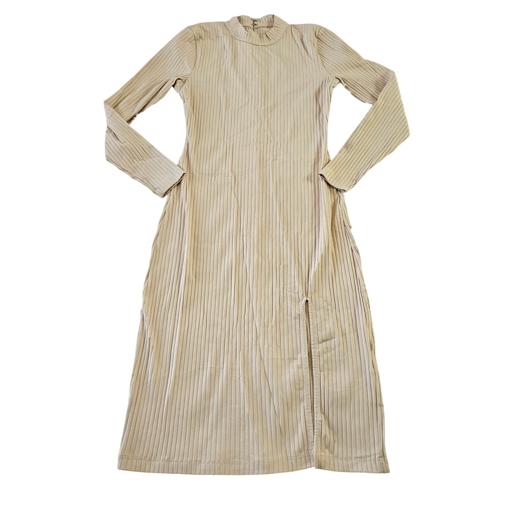 NWT Bebe Gigi Rib Mock Neck Minimalist Dress Beige Long Sleeve Side Slit Sz M